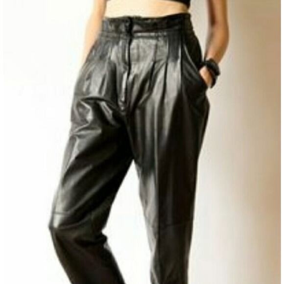 Vintage 80s 90s Toffs Leather High Waisted Black Tapered Pants Size 4 - Picture 1 of 5